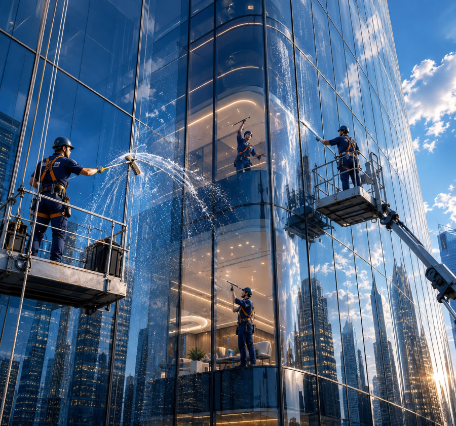 Cleaning technician cleaning a commercial glass window