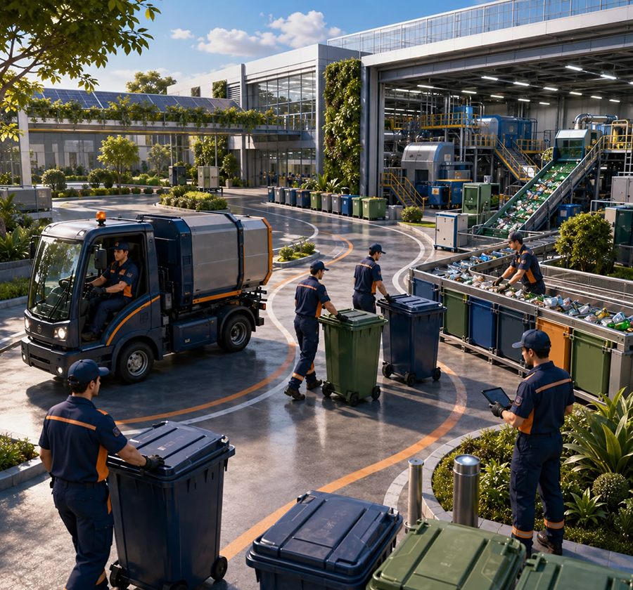 Cleaning staff managing commercial waste collection